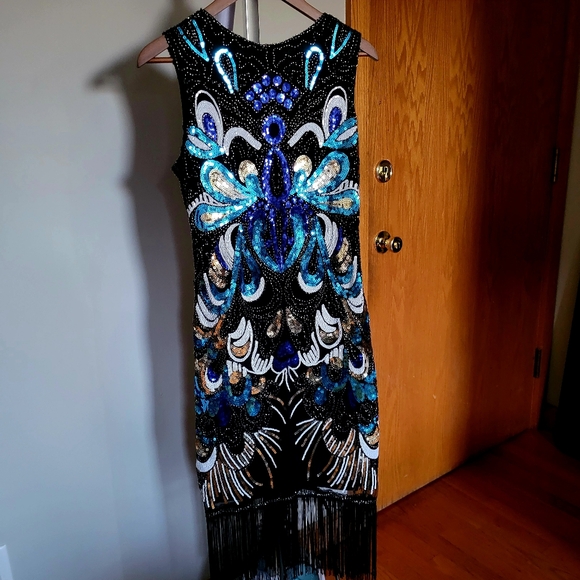 NWT Sparkly Flapper Dress in Black w/ Blue, White, and Gold Sequins & Fringe Hem - Picture 5 of 6